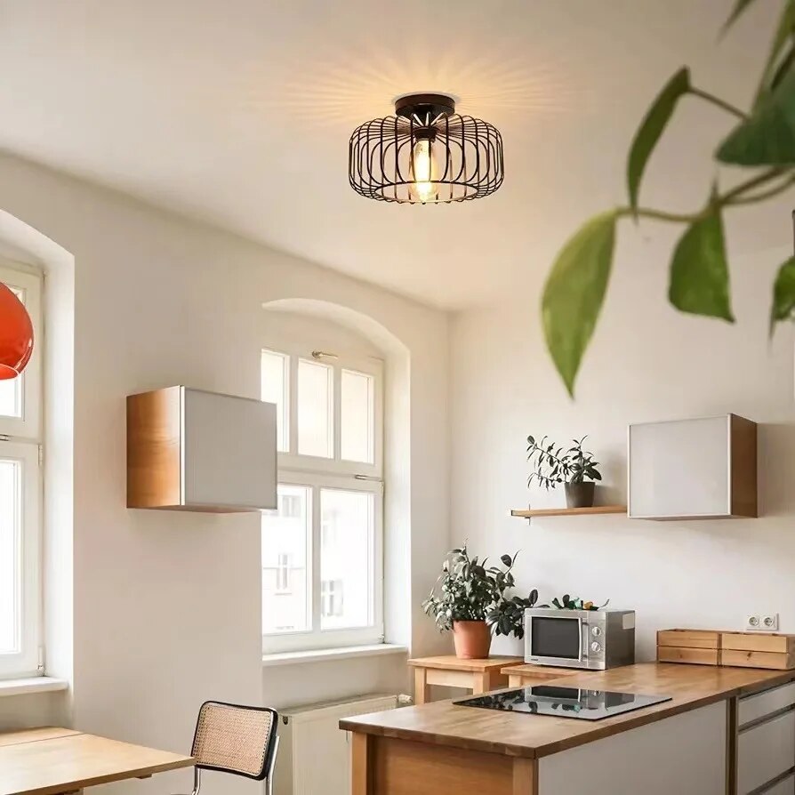 Modern Industrial Flush Mount Ceiling Light with Metal Cage Shade
