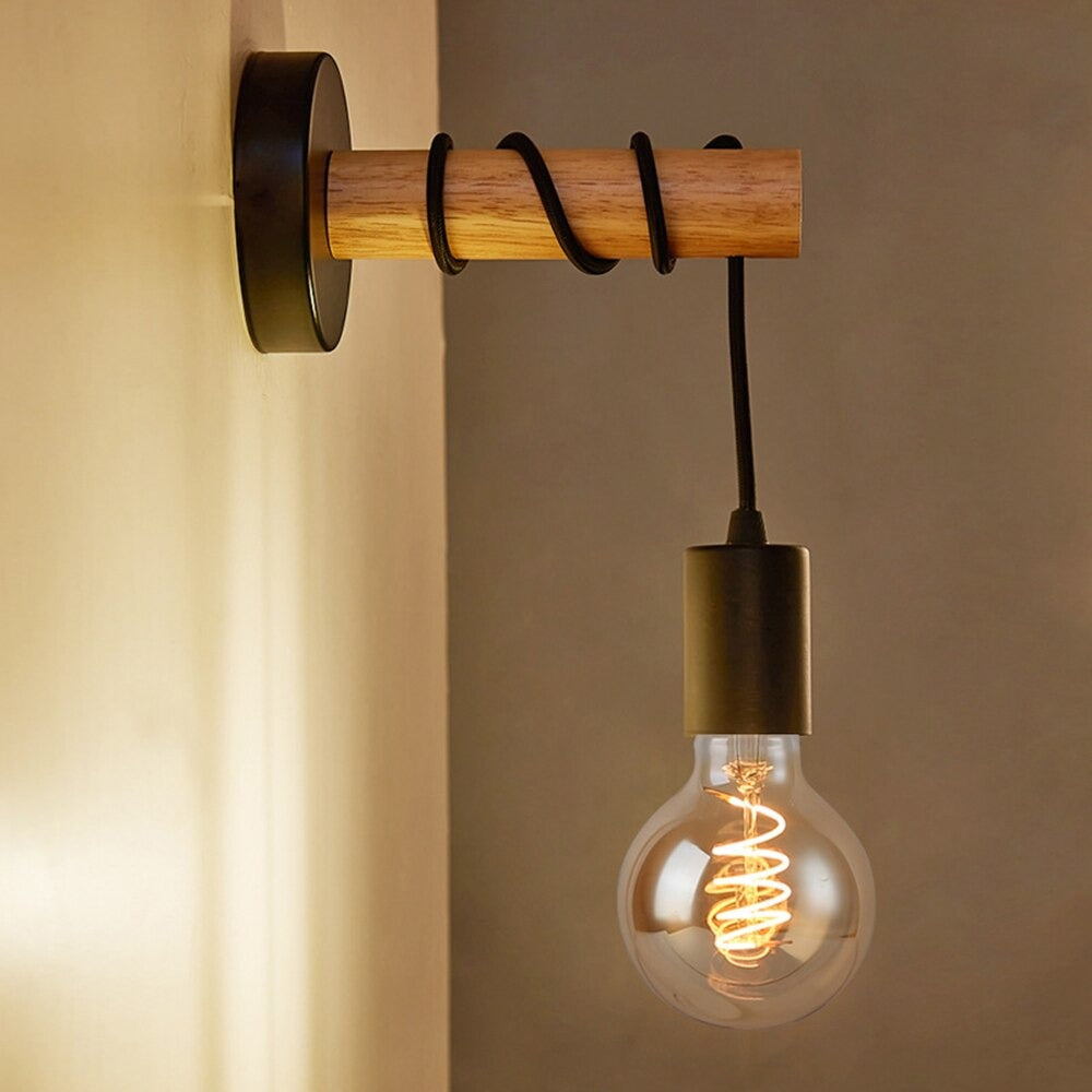 Industrial Wall Mount Bedside Lamp with Wooden Arm