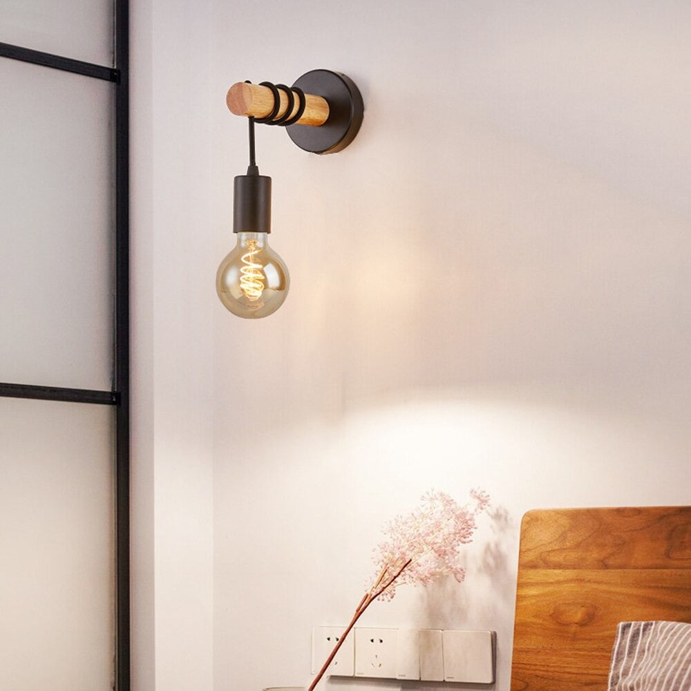 Industrial Wall Mount Bedside Lamp with Wooden Arm