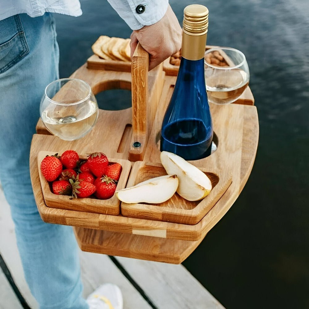 Portable Folding Wooden Picnic Table with Wine Bottle