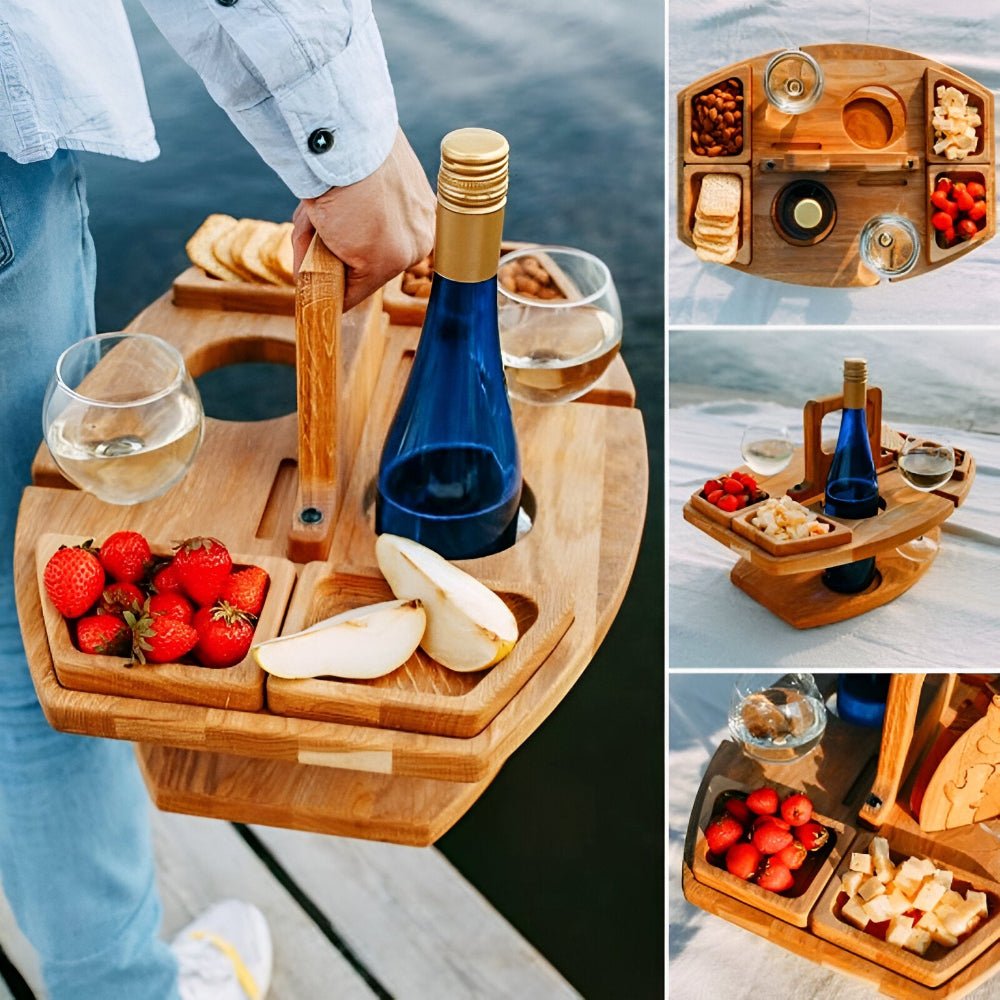 Portable Folding Wooden Picnic Table with Wine Bottle