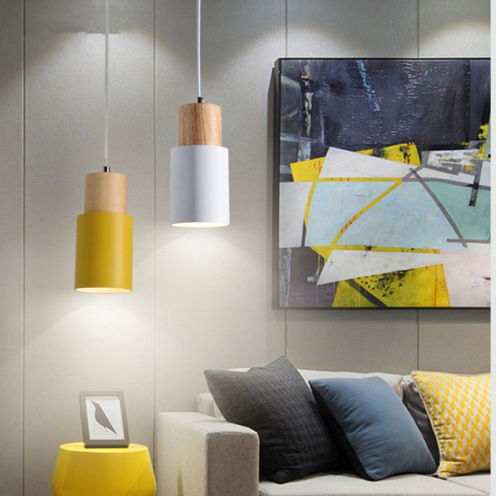 Modern Pendant Light with Wood and Metal Cylindrical Shade