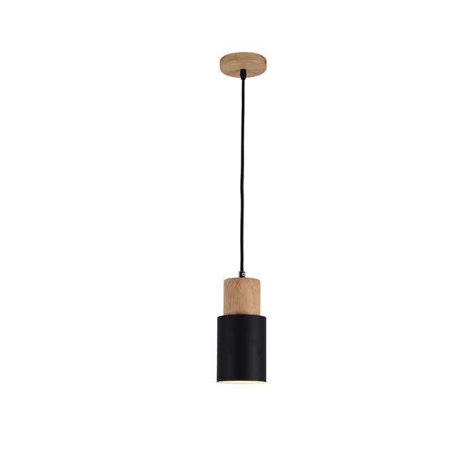 Modern Pendant Light with Wood and Metal Cylindrical Shade