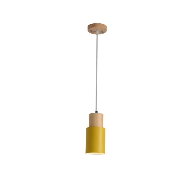 Modern Pendant Light with Wood and Metal Cylindrical Shade