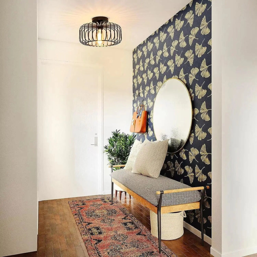 Modern Industrial Flush Mount Ceiling Light with Metal Cage Shade