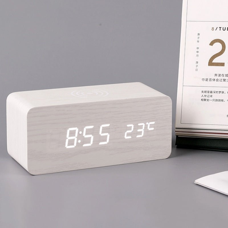 Wooden Digital Alarm Clock with Wireless Charging and LED Display