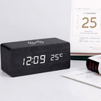 Wooden Digital Alarm Clock with Wireless Charging and LED Display