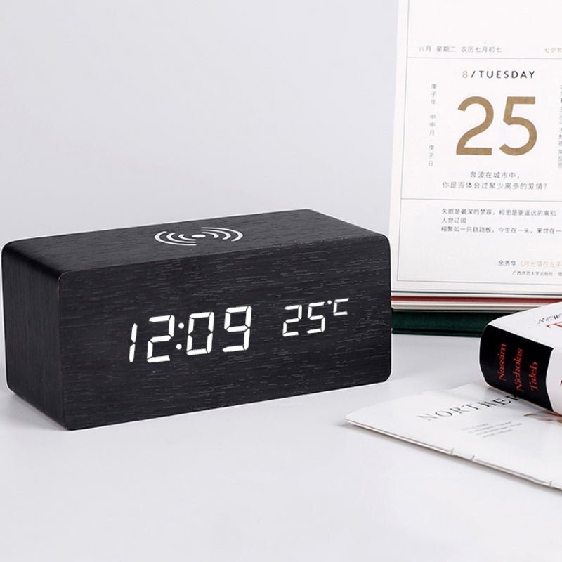 Wooden Digital Alarm Clock with Wireless Charging and LED Display