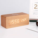 Wooden Digital Alarm Clock with Wireless Charging and LED Display
