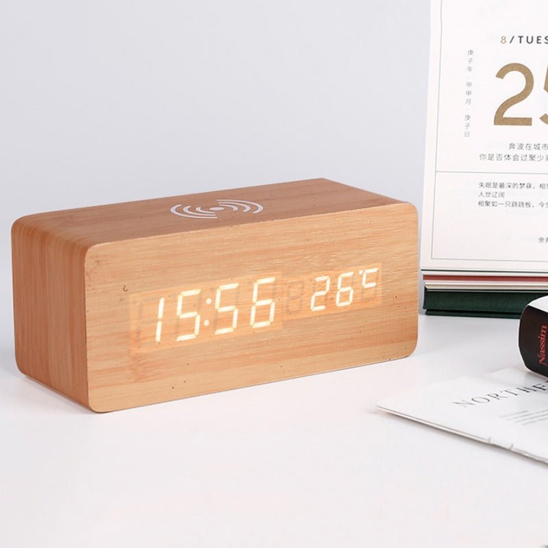 Wooden Digital Alarm Clock with Wireless Charging and LED Display