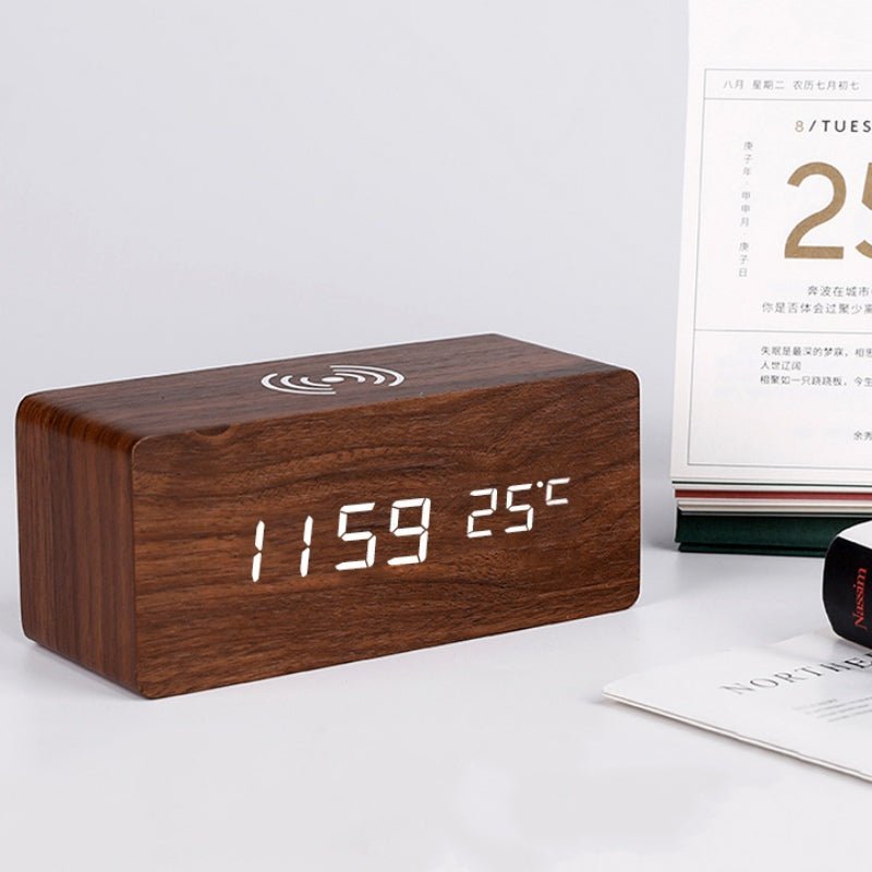 Wooden Digital Alarm Clock with Wireless Charging and LED Display